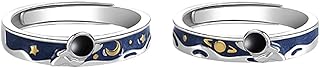 Cute Astronaut Couples Rings for Him and Her Matching Promise Engagement Wedding Blue Statement Open Band Sets Planet Star Moom Jewelry Gift for Valentine's Day Anniversary