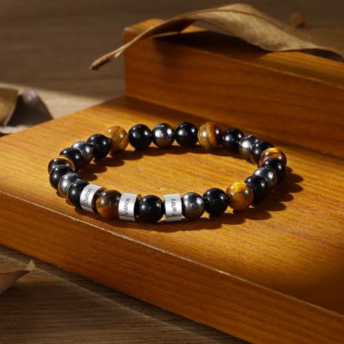 Amsgedhie Personalized Tiger Eye Bead Bracelet Men: Custom 1-5 Name Beaded Bracelets For Men thumb #2