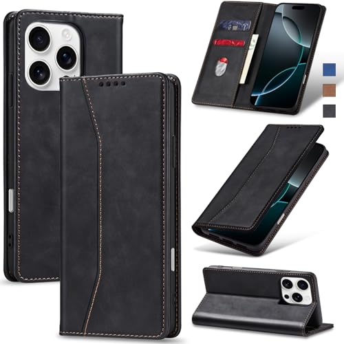 Image of Jasonyu Flip Wallet Case for iPhone 16 Pro,Leather Magnetic Folio Cover with Card Holder,Kickstand - TPU Shockproof Durable Protective Phone Case,Black
