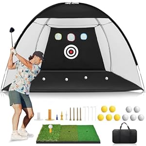 Golf Net: 10x7ft Golf Practice Net for Backyard Driving – All in 1 Golf Hitting Aid with Tri-Turf Mat Golf Net for Indoor Chipping Swing Training with Target/Balls/Tee/Bag