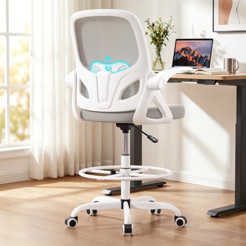 Image of Kensaker Drafting Chair Tall Office Chair, Ergonomic Standing Desk Chair with Adjustable Foot Ring and Flip-up Armrests, Mesh Computer Chair for Art Studio, 300 LBS, Gray