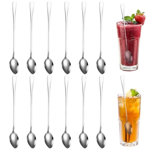 12 Piezas Cucharas para Latte Macchiato Plateado, 19.7 cm Cucharillas Postre de Acero Inoxidable, Cuchara Mezcladora Larga para Café Helado, Té Helado, Batido, Helado, Bebida Fría, Reutilización