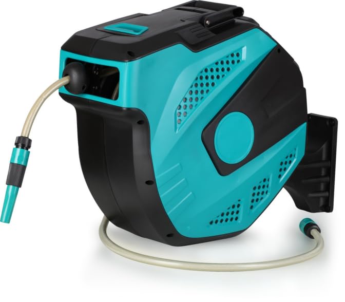 GYMAX Avvolgitubo da Muro per Irrigazione 20+2 M, Avvolgitubo Girevole a 180° con Supporto a Parete, Avvolgimento Automatico, Kit Completo Retrattile