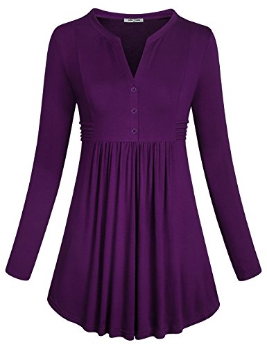 Comfy Tops for Women,SeSe Code Ladies Sexy Cute High Waisted Long Sleeve Ruche Tunic Button Notch Neck Pleat Flared Hemline T Shirt Ruffle Dressy Blouses Purple Large