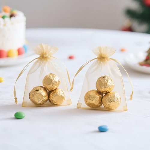 Image of Joycraft 50Pcs Organza Bags, 2.7 inchx3.5 inch Gift Favor Pouches, Gold Breathable Tulle With Drawstring, Sheer Mesh for Wedding, Jewelry, Makeup, Candy