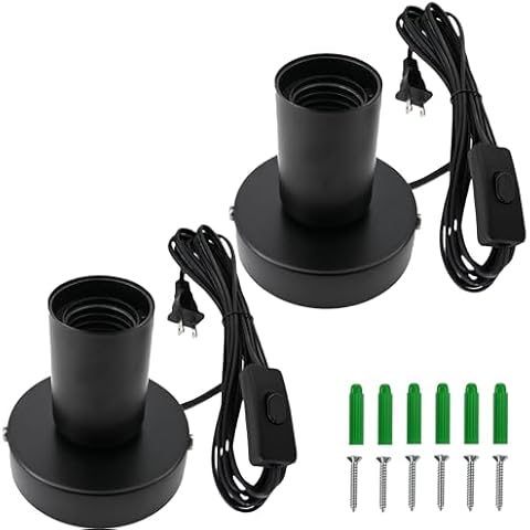Aplstar 2 Pcs 10 Feet Black Light Socket with Cord Light Bulb Base E26/ E27 Table Desktop Lamp Base, On/Off Switch Hanging Light Cord Extension, Small Replacement Screw Ceiling Bulb Holder Cover