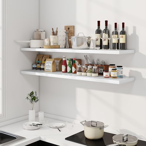 Image of Dreamland 55 inch Floating Shelves for Wall, 12 inch Deep Slim White Floating Shelves, Wall-Mounted Shelves for Bedroom, Living Room, Kitchen, Bathroom - Set of 2