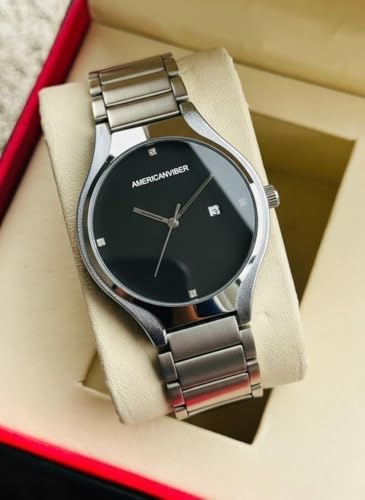 Image of AMERICANVIBER Men's Minimalist Watch, Silver Stainless Steel, White Dial with Crystal Accents, Analog Quartz Movement, Date Window For Men