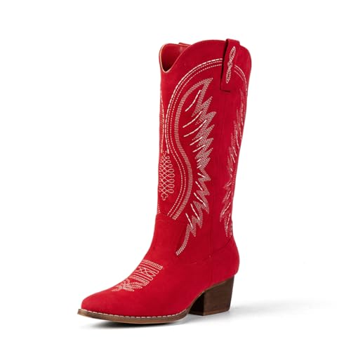 Image of Women's Western Cowboy Boots - Embroidered Ankle Booties with Chunky Block Heel, Side Zipper Suede Cowgirl Boots for Country Concert