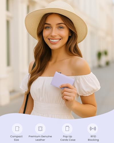 typecase Womens Wallet Card Holder: Pop Up Card Case, Genuine Leather, RFID Blocking, Slim, Minimalist, Thin, Small Size - 9-14 Card Capacitiy, ID Window, Cash Pocket (Ligtht Purple)2