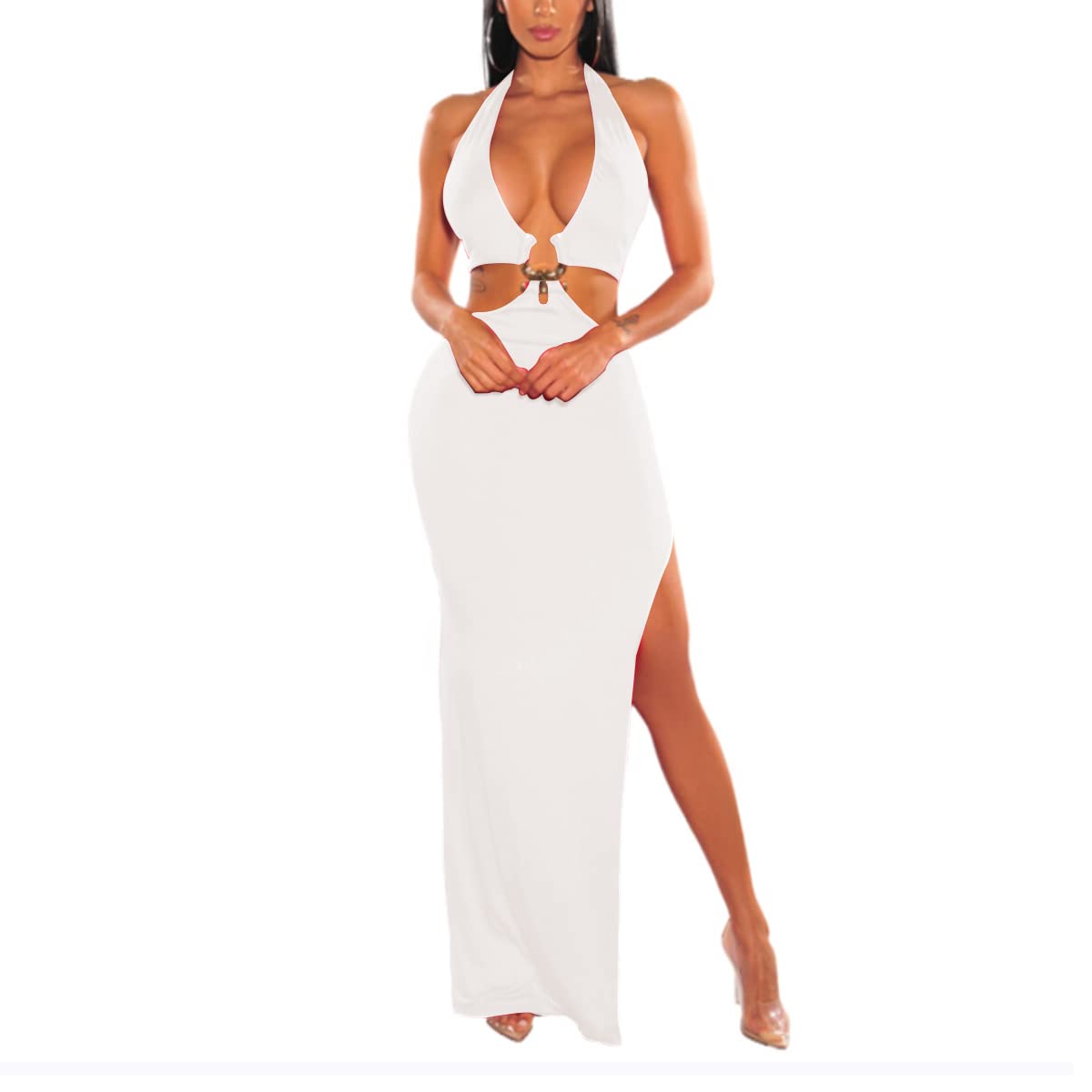 LuFeng Women's Sexy Sleeveless Halter V Neck Side Waist Cutout Backless Bodycon High Slit Maxi Long Dress