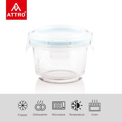 Image of ATTRO Glassox borosilicate Mini Round Glass food container with lock lid Small Food Container Air-Tight Leak-proof Bpa-Free Food Grade- 130ml Set of 2