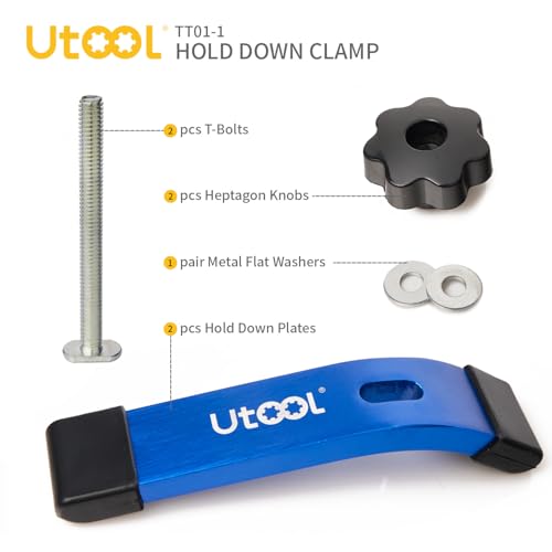 Image of UTOOL 2 Pack T-Track Hold Down Clamps Kit, 6-1 /3 inch L x 1-1 /5 inch Width, Blue | Heavy Duty Anodized Clamps for Woodworking