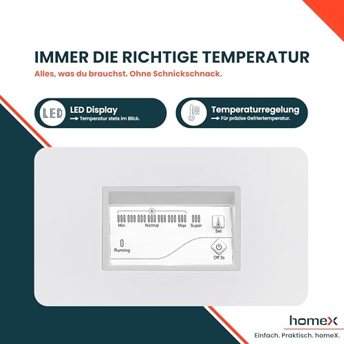 homeX Gefriertruhe, Tiefkühltruhe klein - 142L Nutzinhalt, 4-Sterne Gefrieren, Super-Frost-Funktion, Kühltruhe inkl. Ablagekorb, LED-Display, elektronische Temperaturregelung, leise 40 dB, weiß