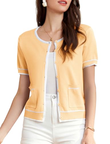 Image of GRACE KARIN Short Sleeve Contrast Cardigan Sweaters for Women Summer Casual Striped Button Down Bolero Shrug