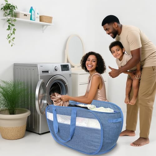 Image of 100L Mesh Pop Up Laundry Hampers with Handles, Extra Large Collapsible Laundry Baskets 2 Pack, Portable Travel Laundry Basket, Dirty Clothes Hamper Light Breathable, Bule. 2H
