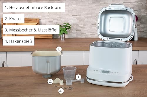 Unold Backmeister Bernd 68120, bis 1000 g Gewicht, 19 Programme, individuelles Programm, Zeitvorwahl, Antihaftbeschichtet, LCD-Display, entnehmbare Backform, 550 Watt, Weiß