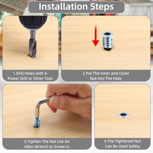 40 Stück Einschraubmutter M6, Gewindeeinsatz Holz Mit Sechskantschlüssel, Zink Legierung Einschlagmuttern 15mm, Einschraubmuffen, Rampamuffe Für Holzmöbel, Gewinde Reparatur