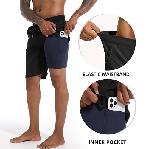 FT FENTENG Mens Swim Trunks with Compression Liner 9" Board Shorts 2 in 1 Quick Dry Bathing Suits with Zipper Pockets4