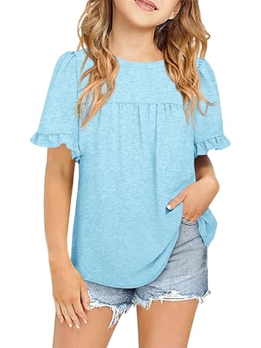 Image of Ebifin Girls Short Sleeve Tops Kids Peplum Babydoll T Shirts Tees 4-15Y | Girls T-Shirts, Crew neck Short Sleeve Shirts, Casual Tunic Tops, Cute Blouses, Summer Tees, Ruffle Hem, Loose fit