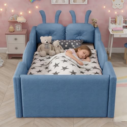 Image of Twin Size Kids Floor Bed Frame, Upholstered Montessori Platform Bed W /Removable Rails Cute Daybed Frame for Girls Boys, No Box Spring Required,Blue