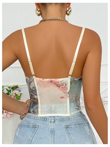 OYOANGLE Women's Graphic Print Boned Lace Up Bustiers Spaghetti Strap Renaissance Vintage Corset2