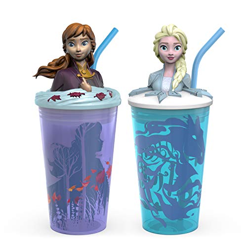 Zak Designs Disney Frozen 2 - Funtastic Tumbler Set with Straw and Unique 3D Character on Lid, Screw-On Lid with Durable Straw Keeps Liquids In (Elsa & Anna, 15 oz, BPA-Free, 2pc Set)