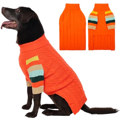 OUOBOB Hundepullover, Extra Weicher Kabelstrick Rollkragenpullover mit Bauchöffnung für Große Hunde wie Labrador oder Golden Retriever, Winterjacke, XL Orange