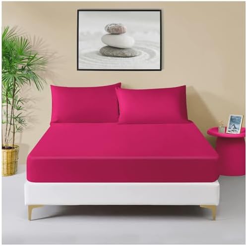 Polycotton Plain Fitted Sheets Double, Breathable Elastic Pocket Bottom Sheet, Machine Washable, Pink