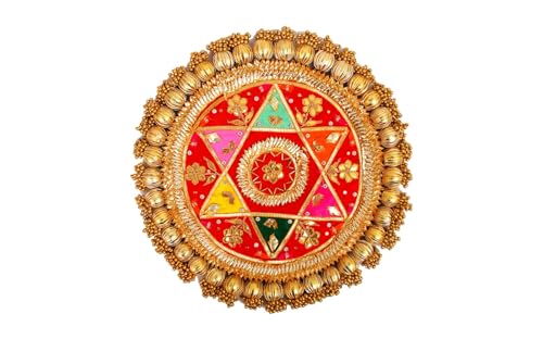 Image of Wood Handmade Gota Patti Work Plate, Table Decor & Base For Statues, Gods, Plant, Craftsmanship With Golden Moti Detailing, Gift For Diwali, Birthdays, Housewarming Size 13 inch Red 1