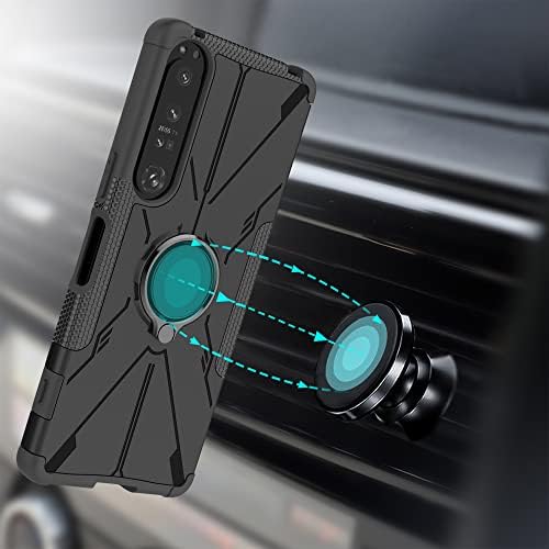 LiuShan Case for Sony Xperia 1 IV, Military Grade Heavy Duty Armor Shockproof Protection Phone Cover with rotate hand Ring Kickstand for Sony Xperia 1 IV phone case, Black