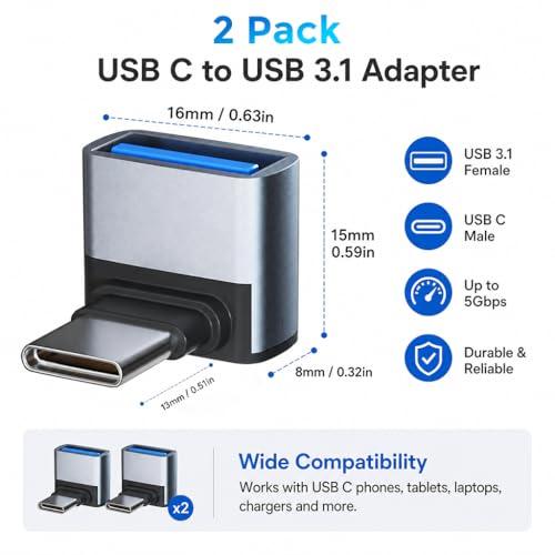 Image of Verilux 2Pcs USB C to USB A Adapter, 90 Right Angle USB-C Male to USB-A Female Converter Support USB 3.2 Gen 2 10Gbps High Speed Data Transfer & 15W Charging for iPhone 17 /16 /15, Galaxy S26 /S25 /S24