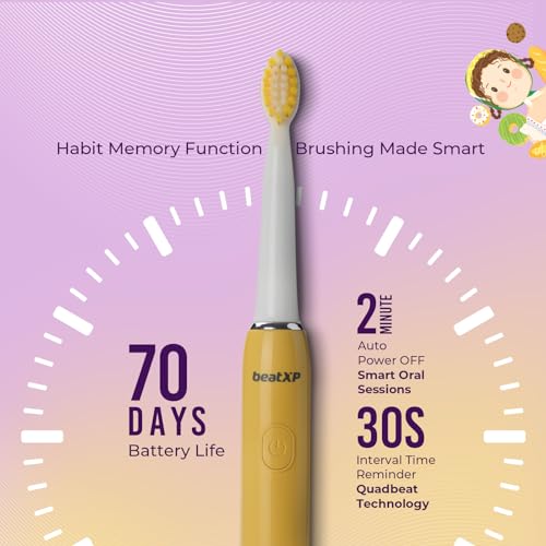 Image of beatXP Jiggle Sonic Electric Toothbrush for Kids with 2 Brush Heads & 3 Cleaning Modes | Rechargeable Electric Toothbrush | 20500 strokes /min with Long Battery Life (Sunny Yellow)