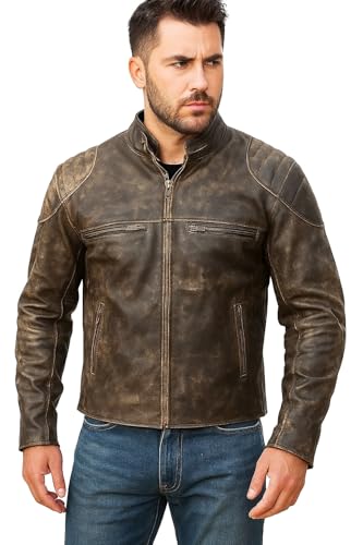 Vintage Cafe Racer Black & Brown Retro Biker Unisex Genuine Leather Jacket