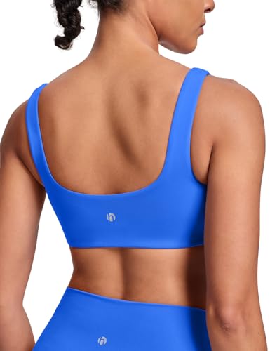 HeyNuts Womens U Back Sports Bra Scoop Neck Low Impact Wirefree Workout Athletic Basic Gym Yoga Tops Padded with Built in Bras Dazzling Blue M
