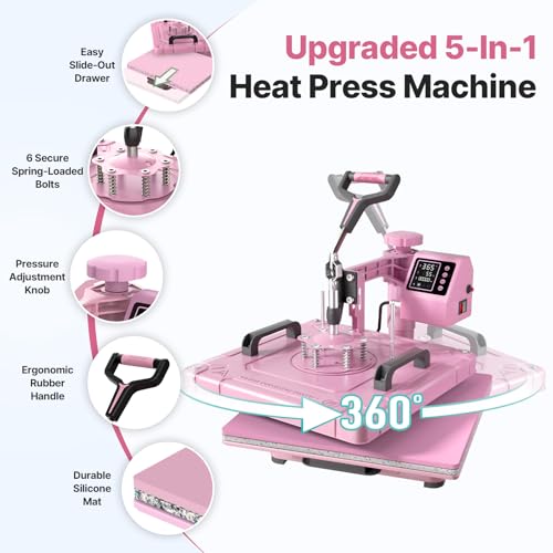 Image of Slendor 15x15 Inch Heat Press 5 in 1 Heat Press Machine, 360-Degree Swing Away Digital T Shirt Pressing Machine Multifunction Heat Transfer Sublimation Combo for T Shirts Mugs Hat Plate Cap
