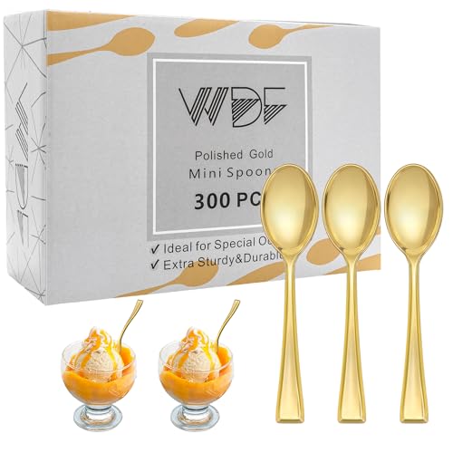 WDF 300PCS Plastic Gold Mini Spoons - 4 Inches Gold Plastic Desserts Spoons Heavy Duty Disposable Spoons Perfect for Coffee Cake Appetizers Ice Cream Wedding Birthday Party