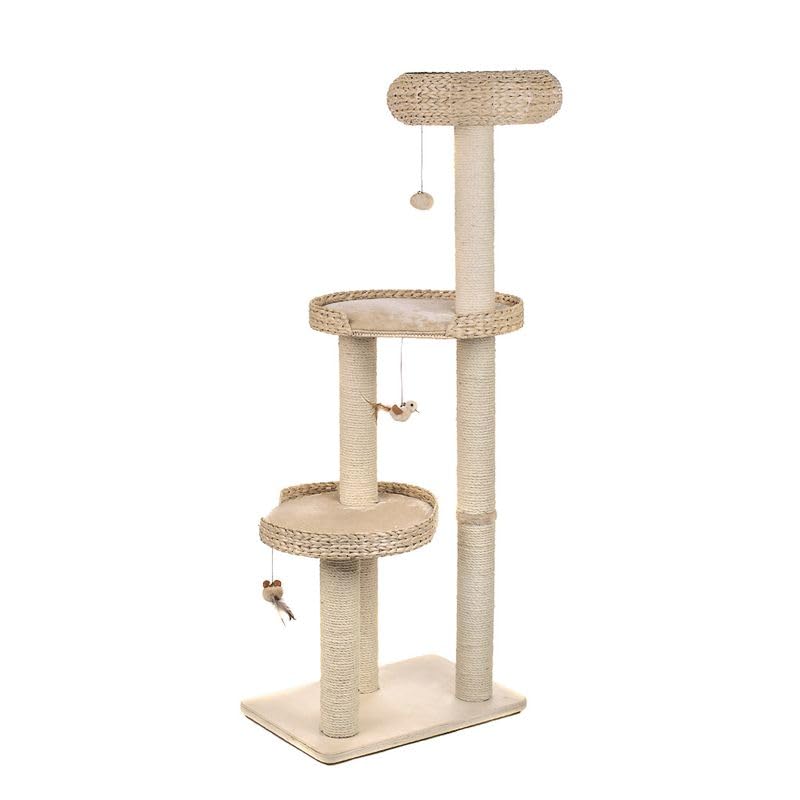 zooplus Tiragraffi Natural Home III | con ampi posti letto in giacinto d'acqua | Base in vero legno non trattato | Tre personaggi in peluche | Altezza: 154 cm