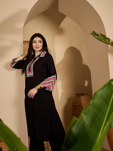 Image of Stylum Women's Solid & Embroidered Rayon A-Line Kurta Pant Set