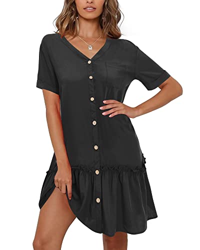 OUGES Womens Summer V Neck Button Down Casual T Shirt Shift Dress Ruffle Hem Swing Dresses(Black,Small)