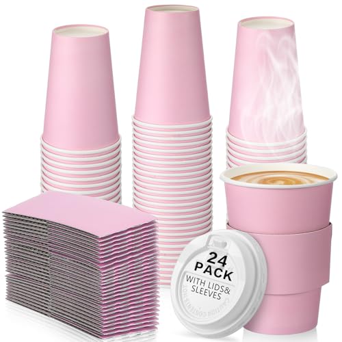 Tioncy 24 Set 12 oz Disposable Coffee Cups with Lids and Sleeves Set Insulated Disposable Hot Travel Paper Cups for Hot Chocolate Cocoa Coffee Tea Cafes Travel Bar Supplies Leak Proof Pink