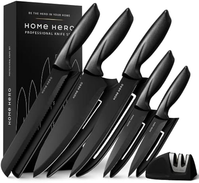 Home Hero 11-Pcs Kitchen Knife Set with Sheath and 2-Stage Knife Sharpener - Ultra-Sharp High Carbon Stainless Steel Knives Set for Kitchen with Ergonomic Handle (11 Pc Set, Black)