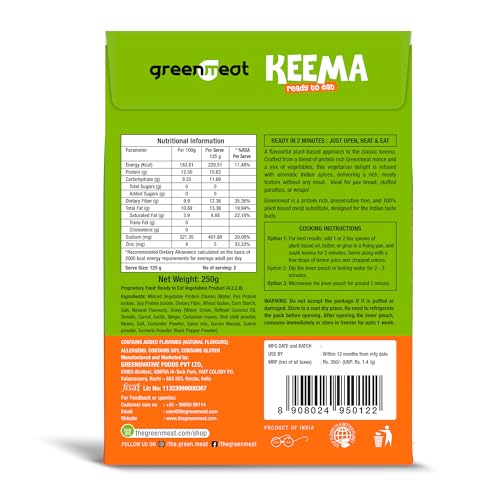 Image of Greenmeat Keema | Ready to Eat | 100% Plant Based & Vegetarian | Protein & Fibre Rich | Low Fat & Zero Cholesterol | No Preservatives | Pack of 3 (3 x 250g)