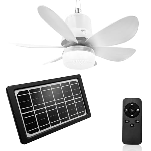 Solar Ceiling Fan Light with Battery Built-in 10000mAh Powered, Portable Rechargeable Fan with Long Cord Remote Control, Dual Type-C/Solar Charging Hanging for Tent/Garage/Gazebo Camping Outdoor