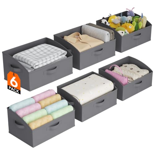 Lifewit Trapezoid Closet Storage Bins for Shelf, 6 Packs Non-woven Closet Organizer Baskets with Handles, Foldable Clothes Containers Boxes for Clothing, Book, Purse, 19L, Large, Gray