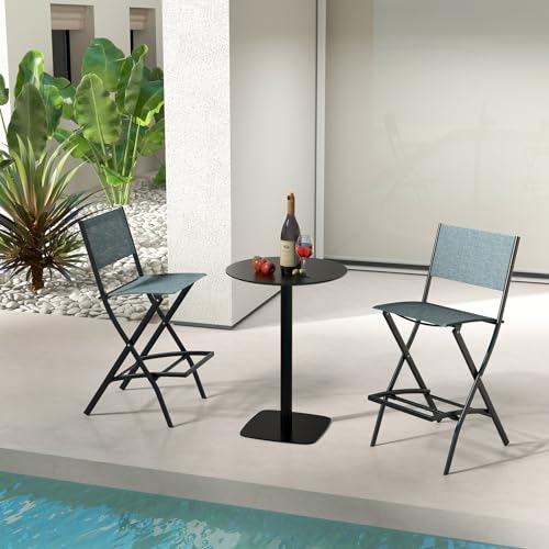 TANGZON Outdoor Bar Stools Set of 2/4, Folding Bar Chairs with Backrest, Footrest and Anti Slip Foot Pads, Counter Garden Dining Chairs for Patio Poolside Backyard Balcony Lawn, Blue, 2 Pcs - Image 8