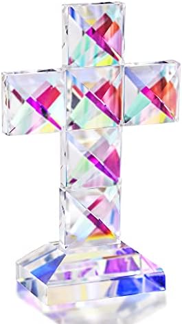 QFkris Colorful Crystal Cross Standing 5'' Tall Traditional Cross Figurine Glass Craft Memorial Gifts Christian Decor