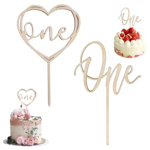 Jravezt ケーキトッパー 誕生日 2点セット 木製 ケーキデコレーション ケーキ挿入カード Happy Birthday 1歳 誕生日 結婚式 飾り ハッピーバースデー 記念日 お祝い 装飾用品 パーティーグッズ (one)