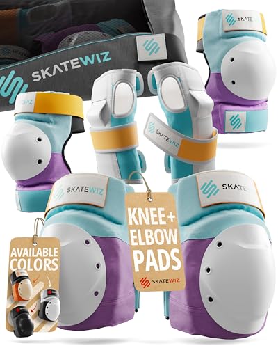 SKATEWIZ Bike Knee Pads - Skateboard Safety Gear - Shield - Size M/L Lavender Blue - Skate & Skateboarding Wrist Guards for Skating Adult with Elbow Pads - Roller Skates Inline Skates