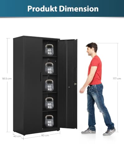 Aktenschrank, Mehrzweckschrank, Stahl-Aufbewahrungsschrank, 5 Ebenen Büroschrank, Werkstattschrank, 180 x 80 x 40 cm, Schwarz – Ansicht 2